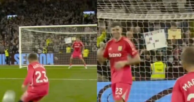 Video: el Dibu Martínez festejó la clasificación a la Champions League atajándole penales a su hijo