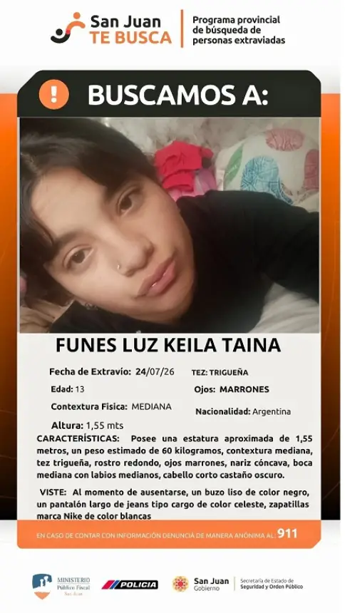 Piden datos para encontrar a una chica de 13 años en San Juan