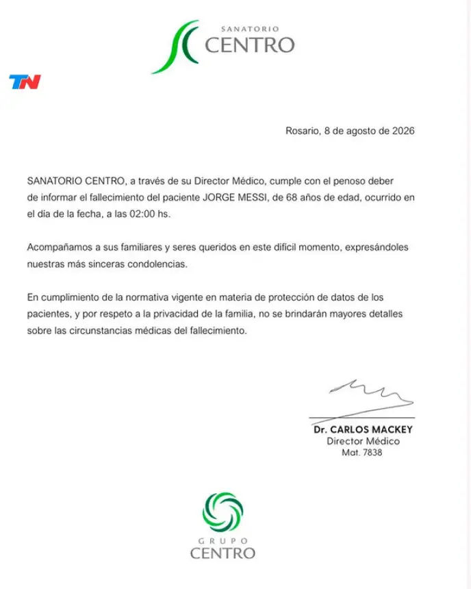 Se conoció el comunicado del sanatorio que confirmó la muerte de Jorge Messi