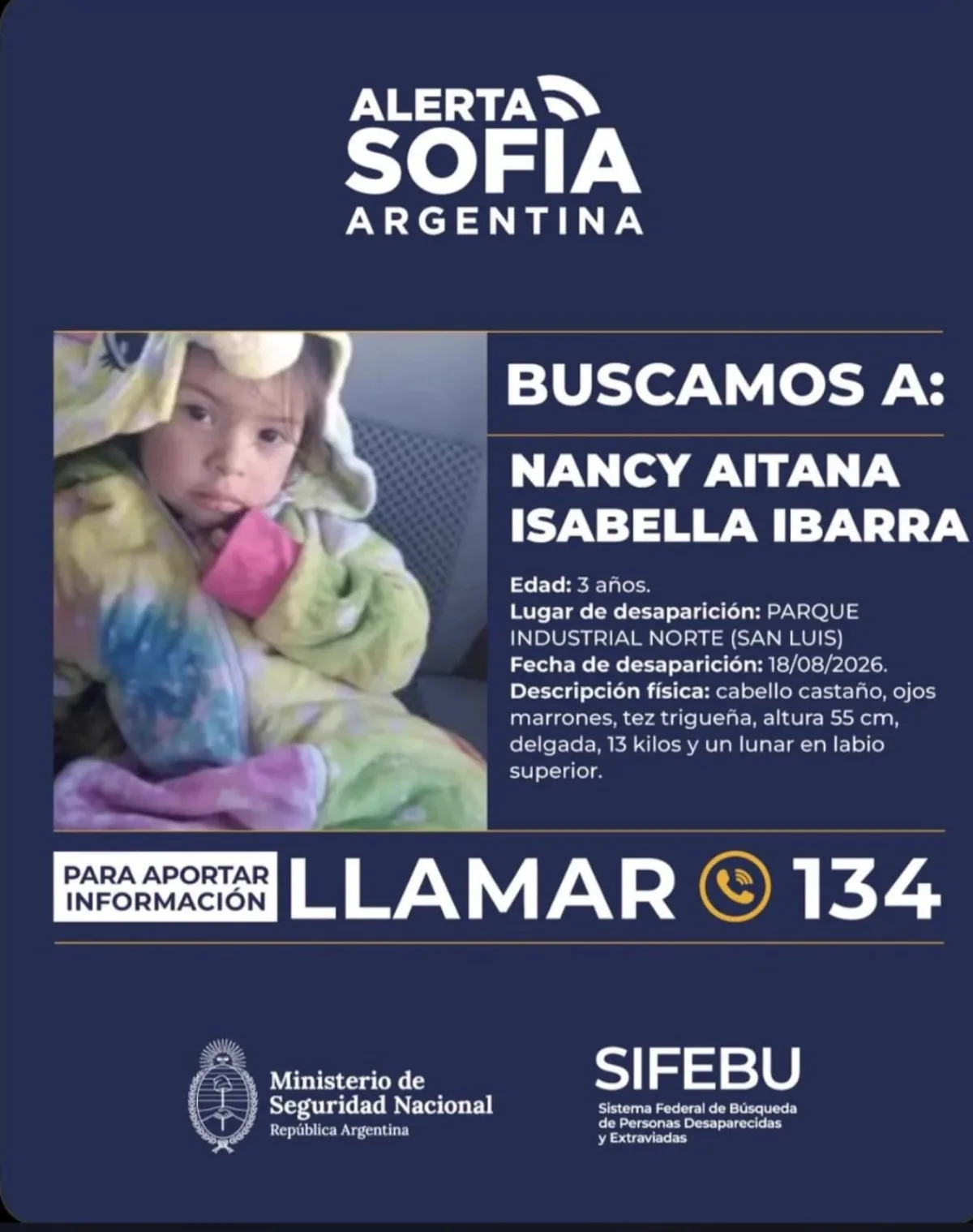 Buscan intensamente a una nena de 3 años desaparecida en San Luis