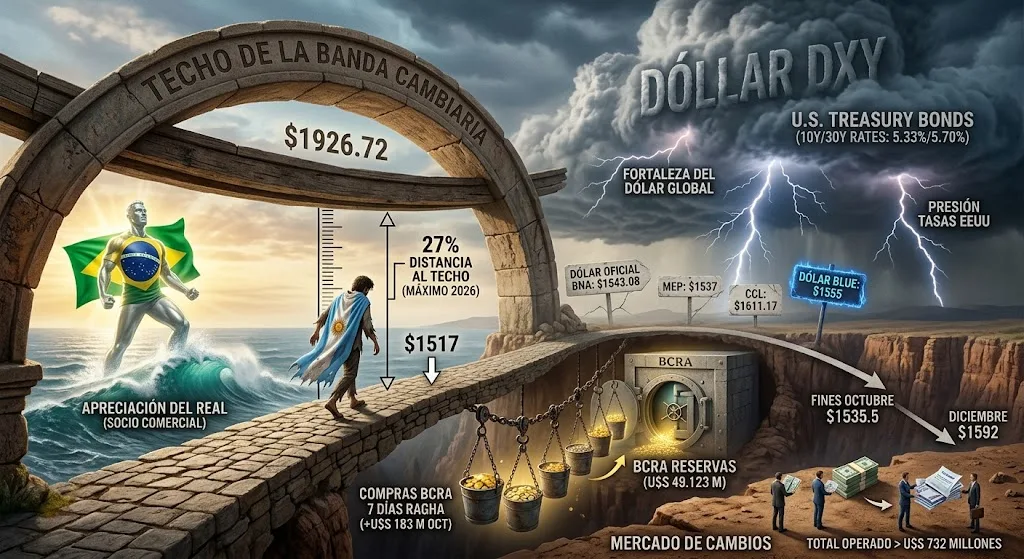 El dólar cayó por cuarto día y quedó a una distancia récord del techo de la banda