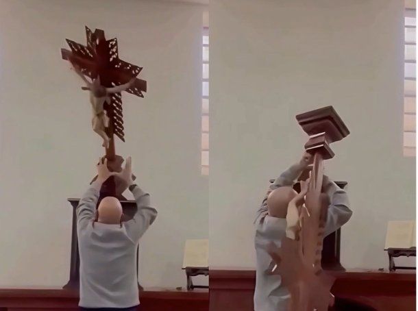 Otra vez una cruz cayó sobre un sacerdote: fue en Colombia y el cura sobrevivió al impacto